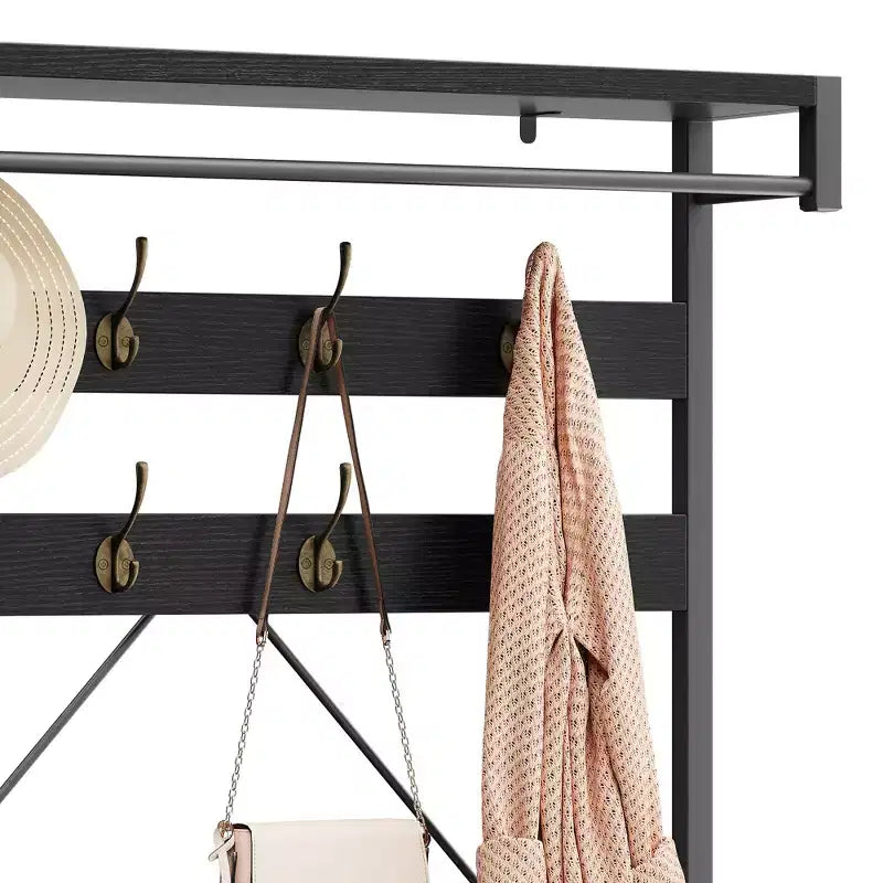 Porte-manteau banc à chaussures COZONY 72, banc d'entrée 4 en 1 avec 8 crochets et étagère de rangement à 3 niveaux, organiseur d'entrée autoportant avec accent en bois