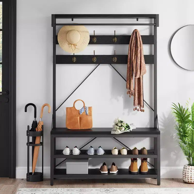 COZONY 72 Coat Rack Shoe Bench, 4-in-1 Entryway Bench with 8 Hooks & 3-Tier Storage Shelf, Freestanding Hall Tree Organizer with Wood Accent