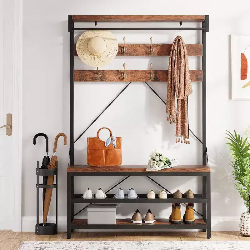 Porte-manteau banc à chaussures COZONY 72, banc d'entrée 4 en 1 avec 8 crochets et étagère de rangement à 3 niveaux, organiseur d'entrée autoportant avec accent en bois