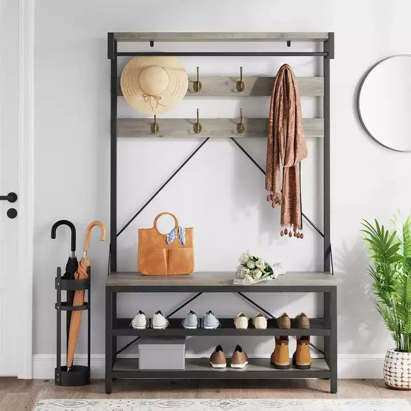 Porte-manteau banc à chaussures COZONY 72, banc d'entrée 4 en 1 avec 8 crochets et étagère de rangement à 3 niveaux, organiseur d'entrée autoportant avec accent en bois