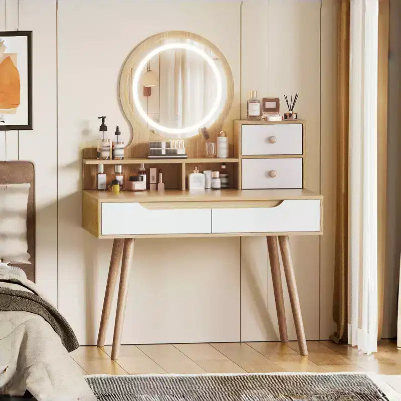 GDFStudio Kael Modern Mirror Makeup Vanity Table with Adjustable Light, 4 Drawers and 3 Open Shelves