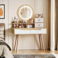 GDFStudio Kael Modern Mirror Makeup Vanity Table with Adjustable Light, 4 Drawers and 3 Open Shelves