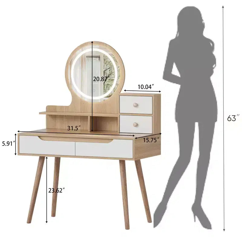 Table de Toilette de Maquillage Moderne GDFStudio Kael avec Lumière Réglable, 4 Tiroirs et 3 Étagères Ouvertes