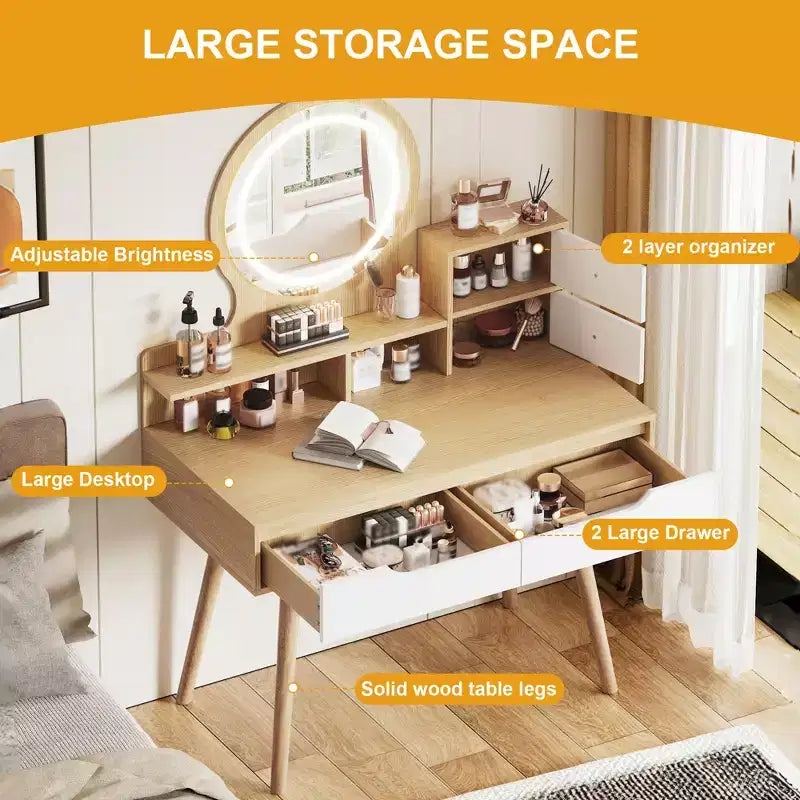 Table de Toilette de Maquillage Moderne GDFStudio Kael avec Lumière Réglable, 4 Tiroirs et 3 Étagères Ouvertes