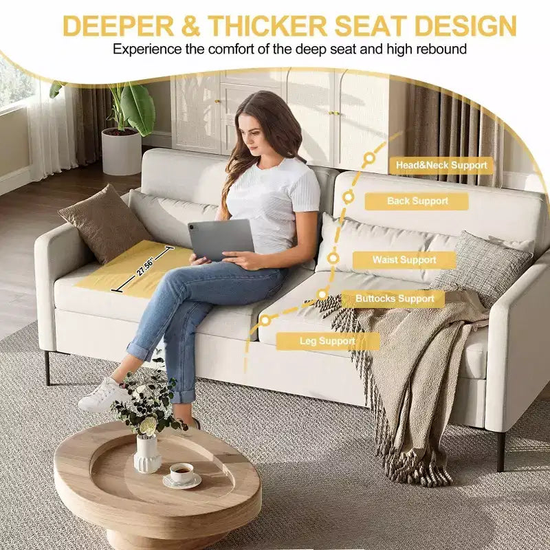 Canapé confortable GustoWave de 203 cm, canapé 3 places avec pieds en métal, canapé profond en tissu de lin, canapé moderne pour salon