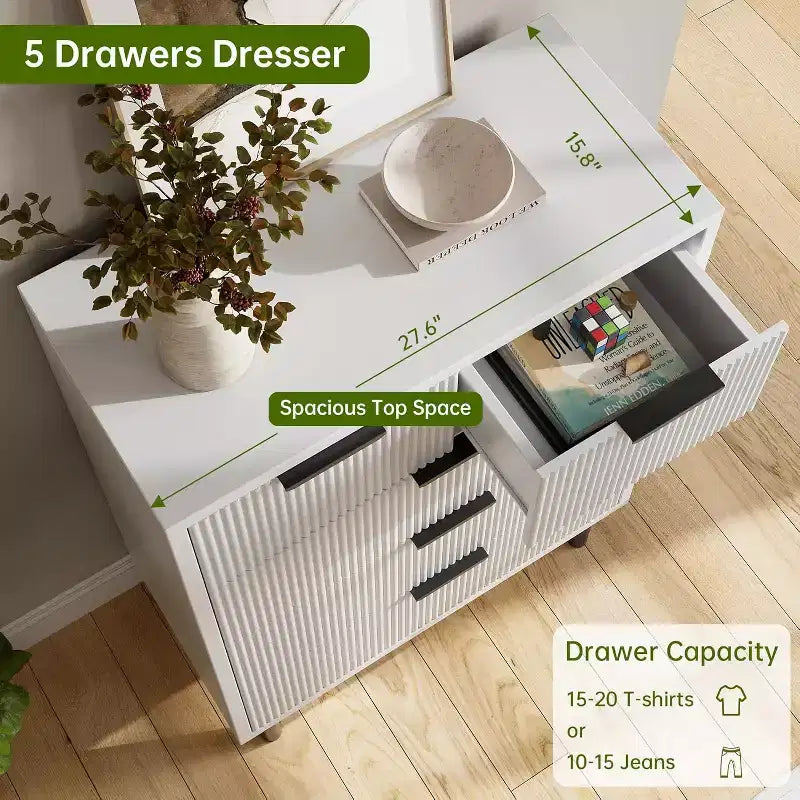 Commode à 5 tiroirs cannelée moderne pour chambre à coucher, grande commode avec poignées et pieds en métal, armoire de rangement pour vêtements pour salon