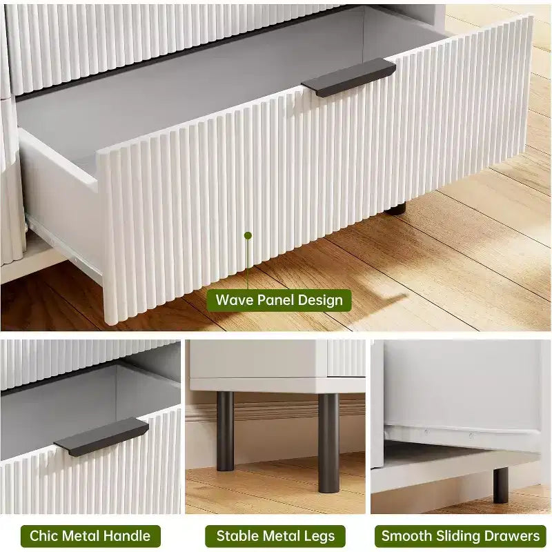 Commode à 5 tiroirs cannelée moderne pour chambre à coucher, grande commode avec poignées et pieds en métal, armoire de rangement pour vêtements pour salon