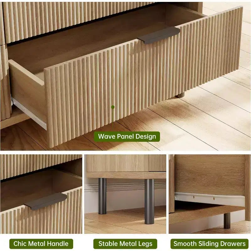 Commode à 5 tiroirs cannelée moderne pour chambre à coucher, grande commode avec poignées et pieds en métal, armoire de rangement pour vêtements pour salon