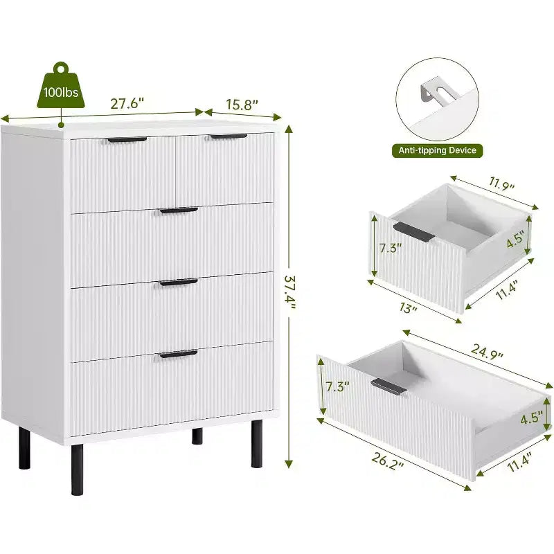 Commode à 5 tiroirs cannelée moderne pour chambre à coucher, grande commode avec poignées et pieds en métal, armoire de rangement pour vêtements pour salon