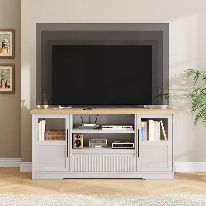 Meuble TV 63 po pour téléviseurs jusqu'à 72 po - Meuble de divertissement style ferme avec motif ondulé, 2 armoires à portes vitrées et étagères ouvertes, console multimédia pour salon