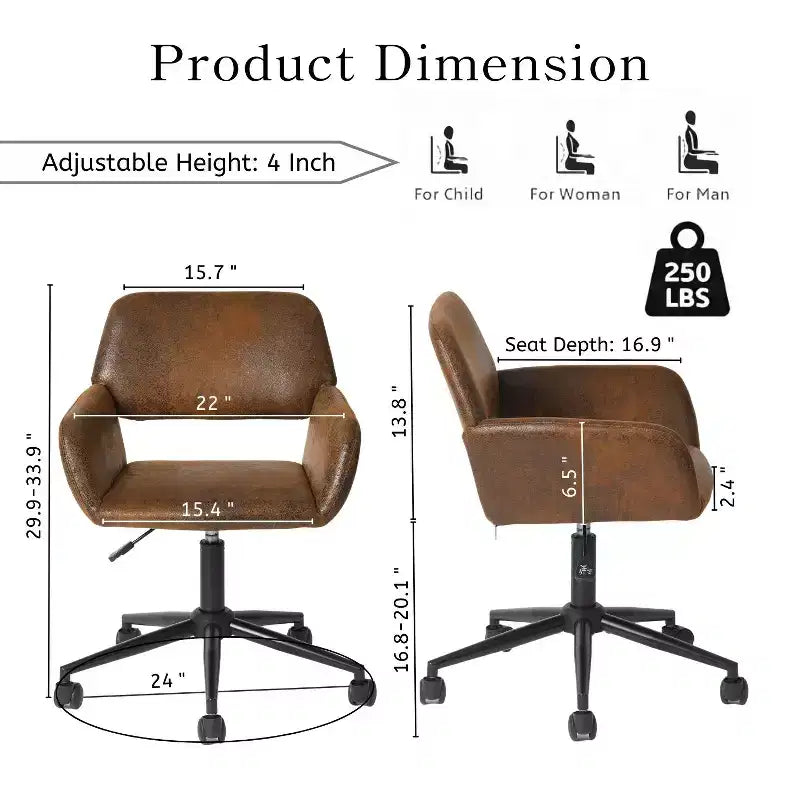 Chaise de bureau pivotante réglable Homy Casa avec accoudoirs rembourrés, siège tapissé pour petits espaces