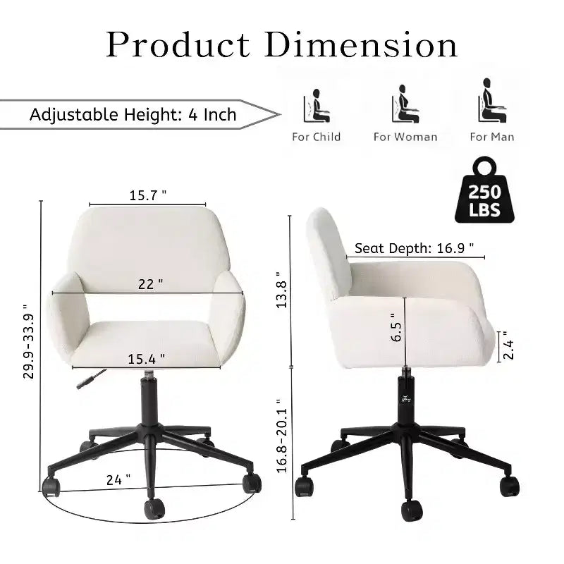 Chaise de bureau pivotante réglable Homy Casa avec accoudoirs rembourrés, siège tapissé pour petits espaces