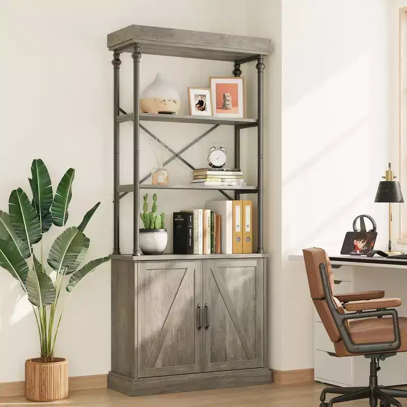 Grande étagère avec portes de 187 cm, étagère de rangement industrielle ouverte avec armoire en bois et métal, bibliothèque, grande étagère de présentation vintage