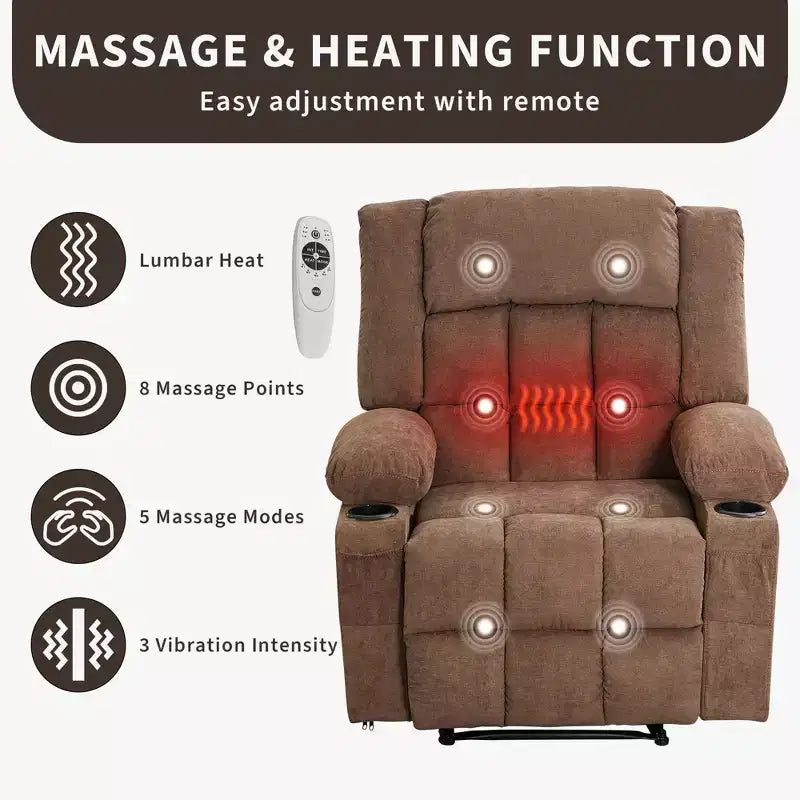 Grand fauteuil inclinable électrique avec fonction massage et chauffage pour personnes âgées, 3 positions, 2 poches latérales et porte-gobelets, et ports USB