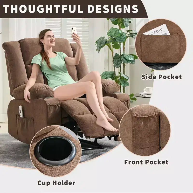 Grand fauteuil inclinable électrique avec fonction massage et chauffage pour personnes âgées, 3 positions, 2 poches latérales et porte-gobelets, et ports USB