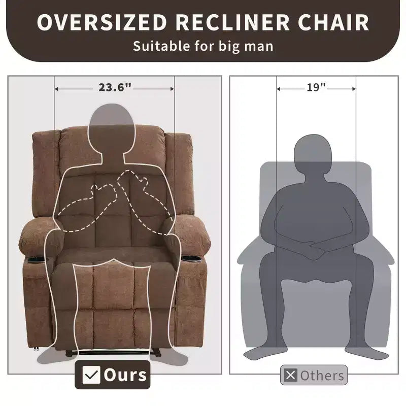 Grand fauteuil inclinable électrique avec fonction massage et chauffage pour personnes âgées, 3 positions, 2 poches latérales et porte-gobelets, et ports USB