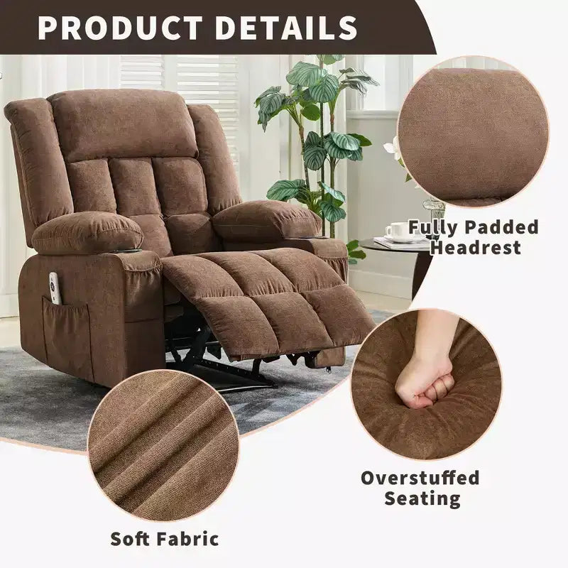 Grand fauteuil inclinable électrique avec fonction massage et chauffage pour personnes âgées, 3 positions, 2 poches latérales et porte-gobelets, et ports USB