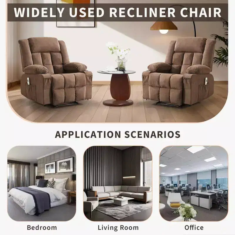 Grand fauteuil inclinable électrique avec fonction massage et chauffage pour personnes âgées, 3 positions, 2 poches latérales et porte-gobelets, et ports USB