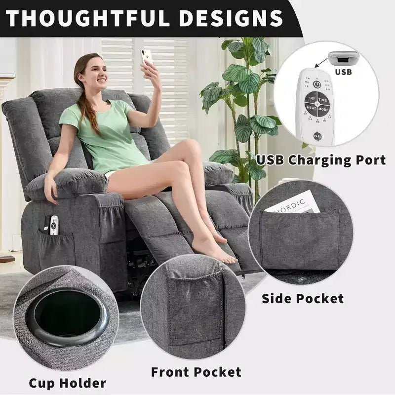 Grand fauteuil inclinable électrique avec fonction massage et chauffage pour personnes âgées, 3 positions, 2 poches latérales et porte-gobelets, et ports USB
