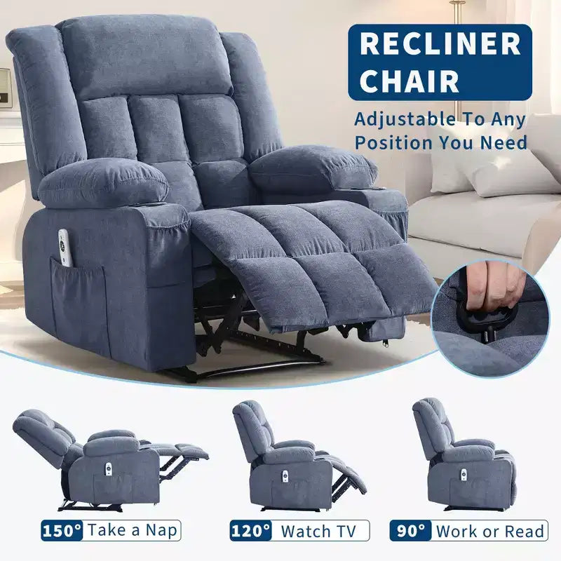 Grand fauteuil inclinable électrique avec fonction massage et chauffage pour personnes âgées, 3 positions, 2 poches latérales et porte-gobelets, et ports USB