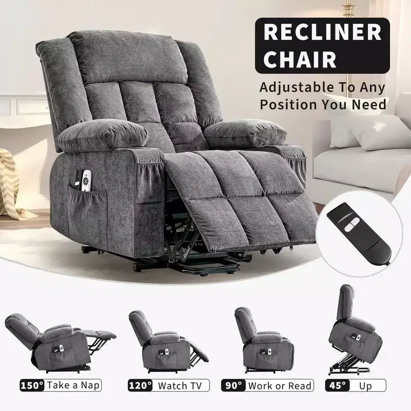 Grand fauteuil inclinable électrique avec fonction massage et chauffage pour personnes âgées, 3 positions, 2 poches latérales et porte-gobelets, et ports USB