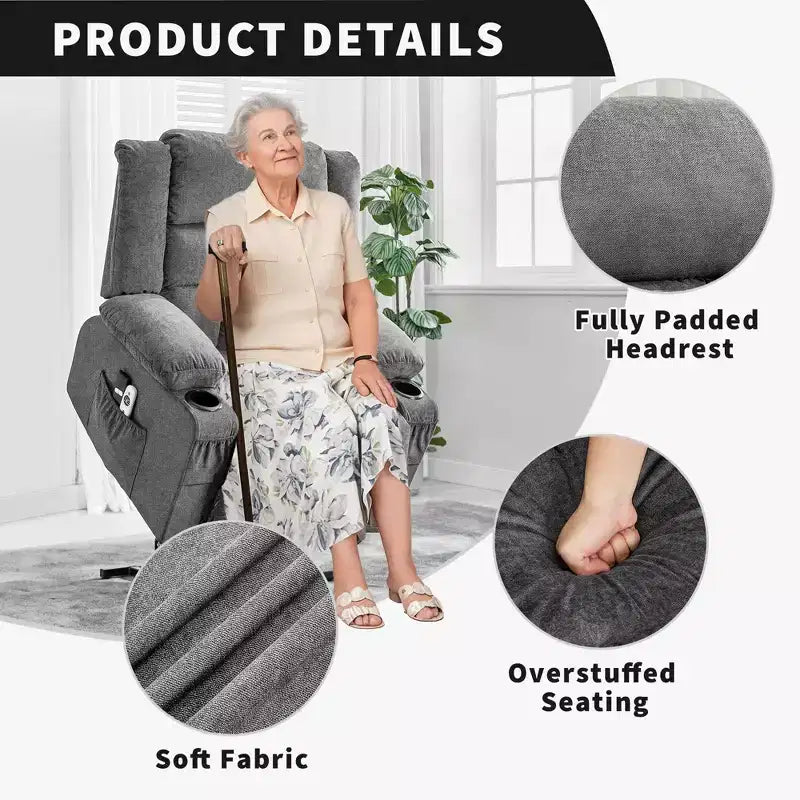 Grand fauteuil inclinable électrique avec fonction massage et chauffage pour personnes âgées, 3 positions, 2 poches latérales et porte-gobelets, et ports USB