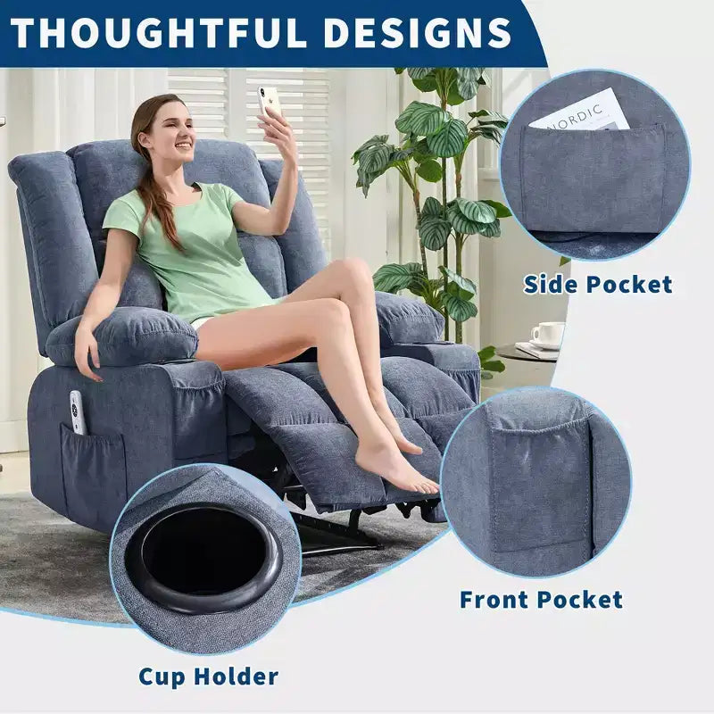 Grand fauteuil inclinable électrique avec fonction massage et chauffage pour personnes âgées, 3 positions, 2 poches latérales et porte-gobelets, et ports USB