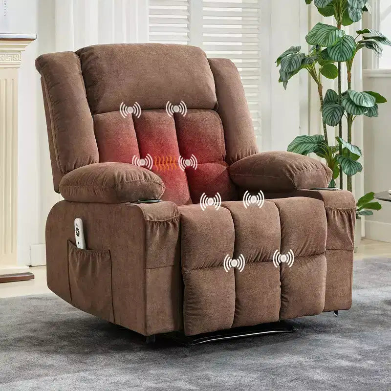 Grand fauteuil inclinable électrique avec fonction massage et chauffage pour personnes âgées, 3 positions, 2 poches latérales et porte-gobelets, et ports USB