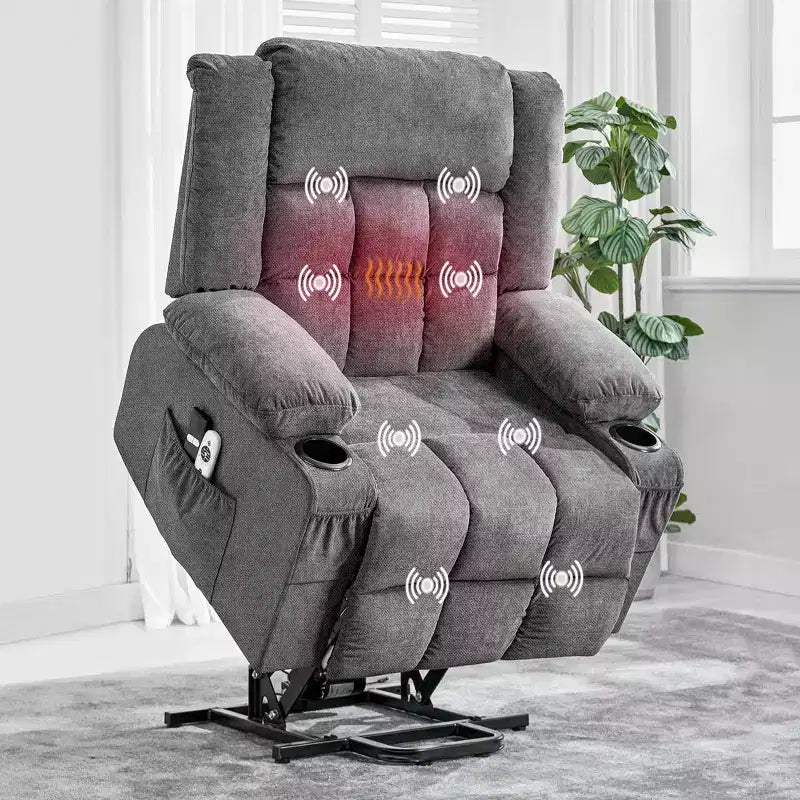 Grand fauteuil inclinable électrique avec fonction massage et chauffage pour personnes âgées, 3 positions, 2 poches latérales et porte-gobelets, et ports USB
