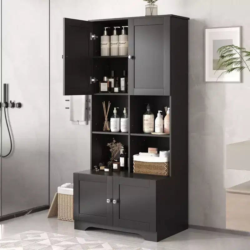 Meuble de salle de bain colonne Okak avec 4 portes et 4 étagères ouvertes, meuble de rangement au sol pour salle de bain, cuisine