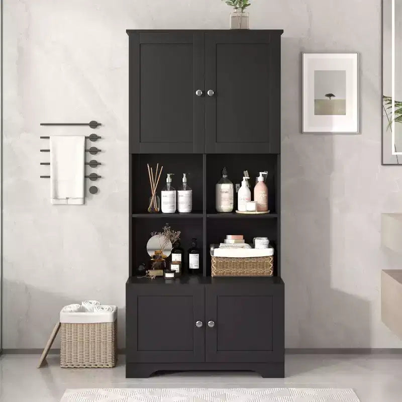 Okak Tall Freestanding Bathroom Cabinet with 4 Doors & 4 Open Shelves,Floor Storage Cabinet Unit for Bathroom,Kitchen