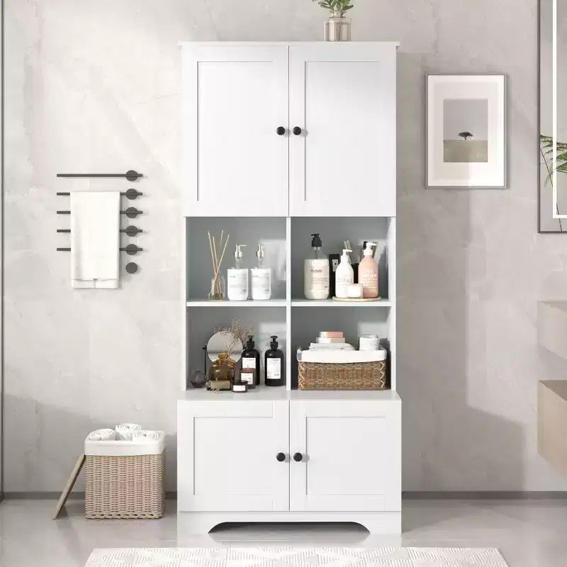 Meuble de salle de bain colonne Okak avec 4 portes et 4 étagères ouvertes, meuble de rangement au sol pour salle de bain, cuisine
