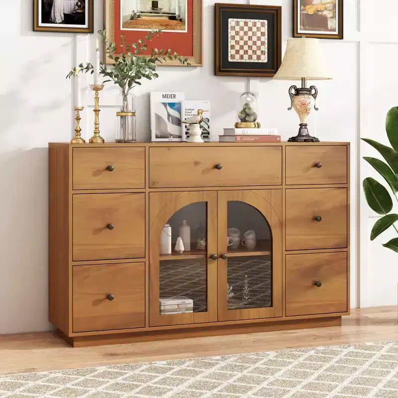 Christopher Knight Home Mirae Armoire de Rangement Vintage 140 cm avec 7 Tiroirs, 2 Portes Vitrées et Étagères Réglables