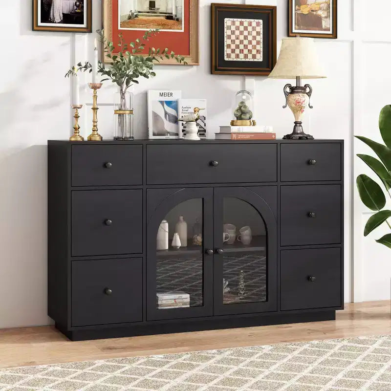 Christopher Knight Home Mirae Armoire de Rangement Vintage 140 cm avec 7 Tiroirs, 2 Portes Vitrées et Étagères Réglables