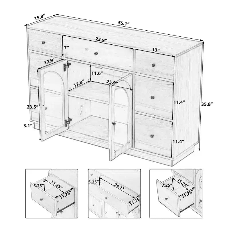 Christopher Knight Home Mirae Armoire de Rangement Vintage 140 cm avec 7 Tiroirs, 2 Portes Vitrées et Étagères Réglables