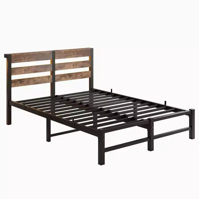 MAYEERTY Lit double en métal avec tête de lit en bois, étagère de rangement et chargeur intégré, silencieux, ne nécessite pas de sommier tapissier, marron rustique