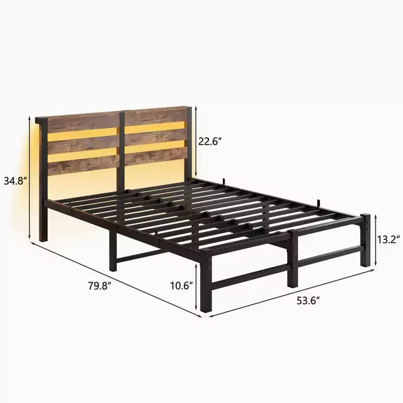 MAYEERTY Lit double en métal avec tête de lit en bois, étagère de rangement et chargeur intégré, silencieux, ne nécessite pas de sommier tapissier, marron rustique