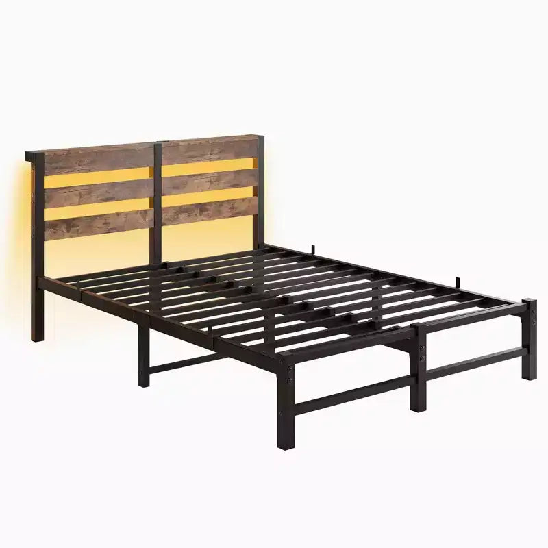 MAYEERTY Lit double en métal avec tête de lit en bois, étagère de rangement et chargeur intégré, silencieux, ne nécessite pas de sommier tapissier, marron rustique