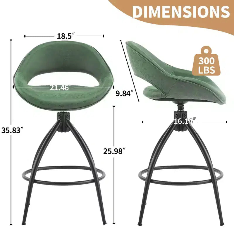 Lot de 2 tabourets de bar pivotants verts Karl Home avec dossier ajouré, revêtement en PU et finition poudrée
