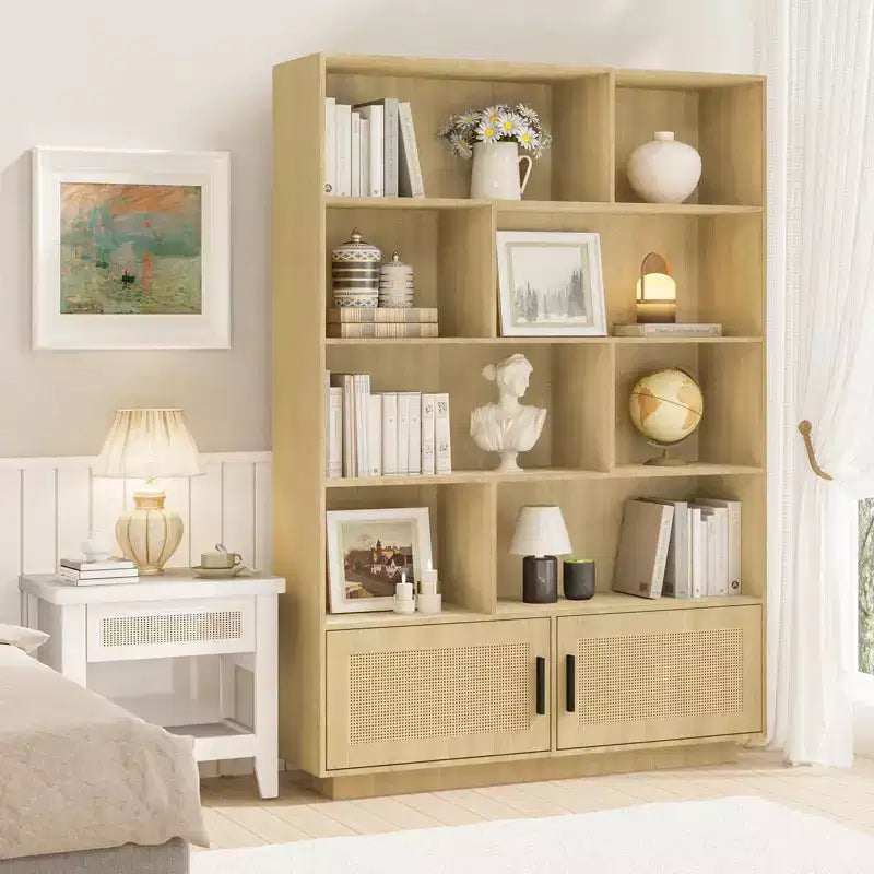 Étagère à 5 niveaux, Bibliothèque de style Bohème, Porte en rotin, Bibliothèque et étagère en bois avec fonction de rangement, Grande étagère, Grande bibliothèque, Convient