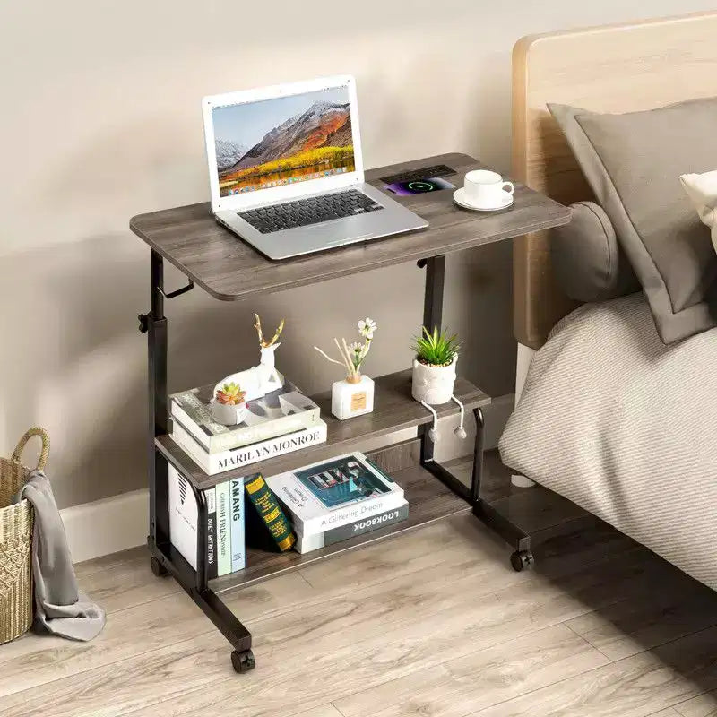 Bureau d'ordinateur gris, réglable en hauteur, en bois et acier, avec station de charge