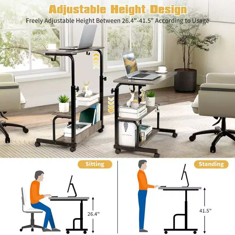 Bureau d'ordinateur gris, réglable en hauteur, en bois et acier, avec station de charge