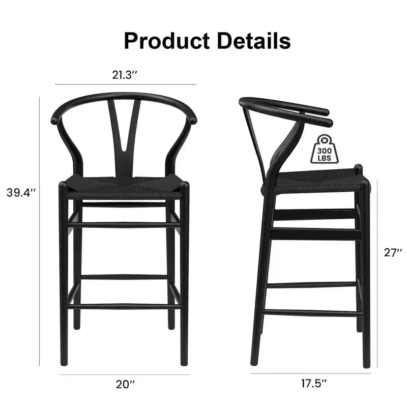 MAYEERTY Tabouret de bar tissé Wishbone noir entièrement assemblé – Moderne et robuste pour îlot de cuisine