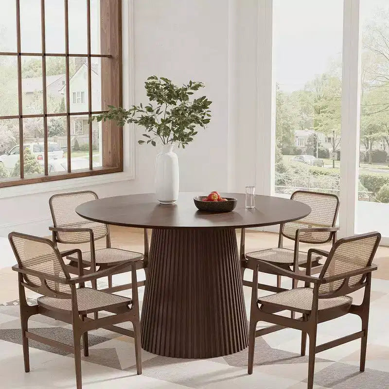 PexFix 46 Round Dining Table for 6 People Modern Pedestal Table with Fluted Cone Base & Wood MDF Top for Small Space Kitchen Dining Room Cafe Walnut