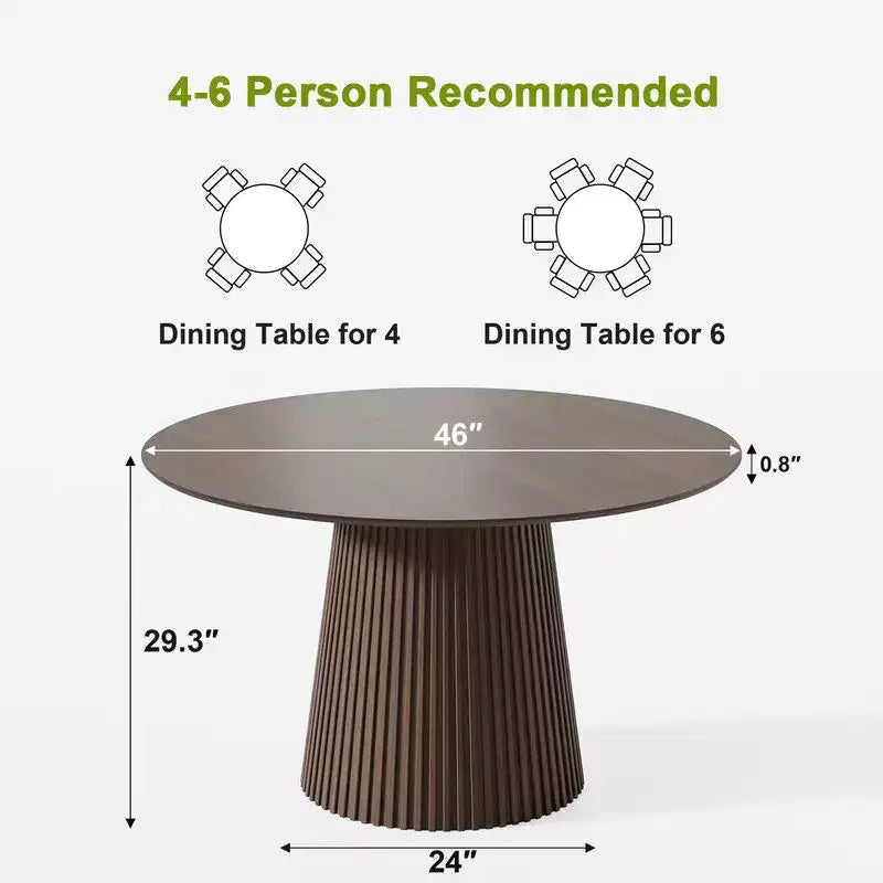 Table à manger ronde PexFix de 46 po pour 6 personnes, table sur pied moderne avec base conique cannelée et plateau en MDF en bois pour les petits espaces de cuisine, salle à manger, café, noyer