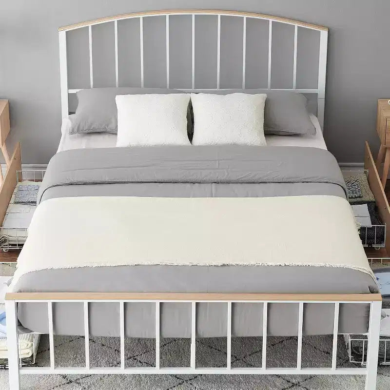 Cadre de lit plateforme avec tête et pied de lit, 4 tiroirs de rangement sous le lit, support à lattes métalliques, aucun sommier tapissier requis, blanc et chêne
