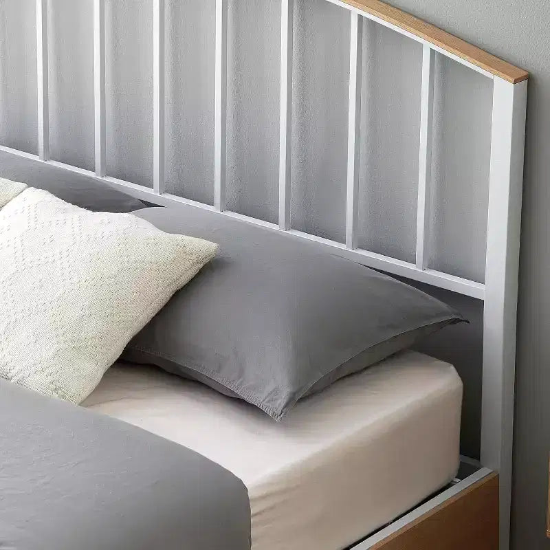 Cadre de lit plateforme avec tête et pied de lit, 4 tiroirs de rangement sous le lit, support à lattes métalliques, aucun sommier tapissier requis, blanc et chêne