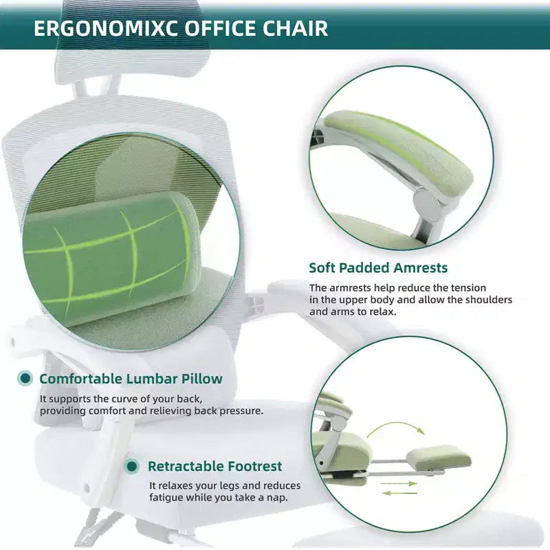 Chaise de bureau à dossier haut en maille Okak moderne avec repose-pieds rétractable, chaise de bureau pivotante réglable pour le bureau, l'étude