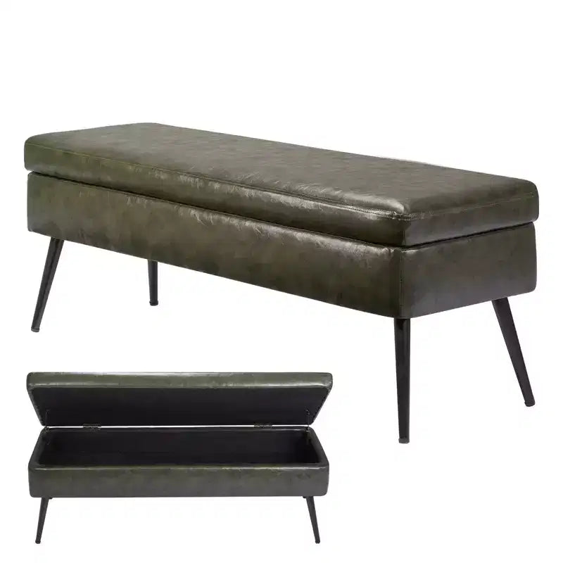 VEVOR Leather Storage Ottoman Bench, PU Leather Bench with Storage and Metal Legs, Upholstered End of Bed Benches, Green
