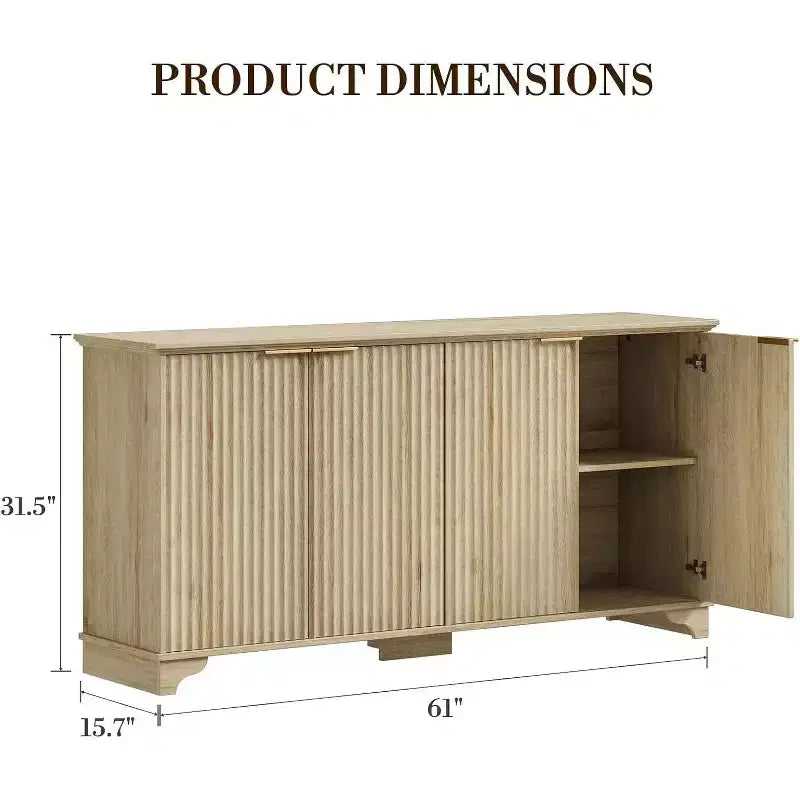 Buffet de rangement cannelé avec 4 portes décorées, meuble de bar à café en bois avec pieds en bois massif pour cuisine, salle à manger, couloir